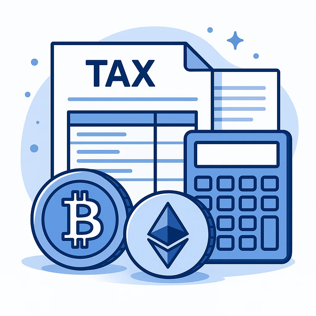 Business owner reviewing cryptocurrency tax forms and compliance documentation for digital payment taxation