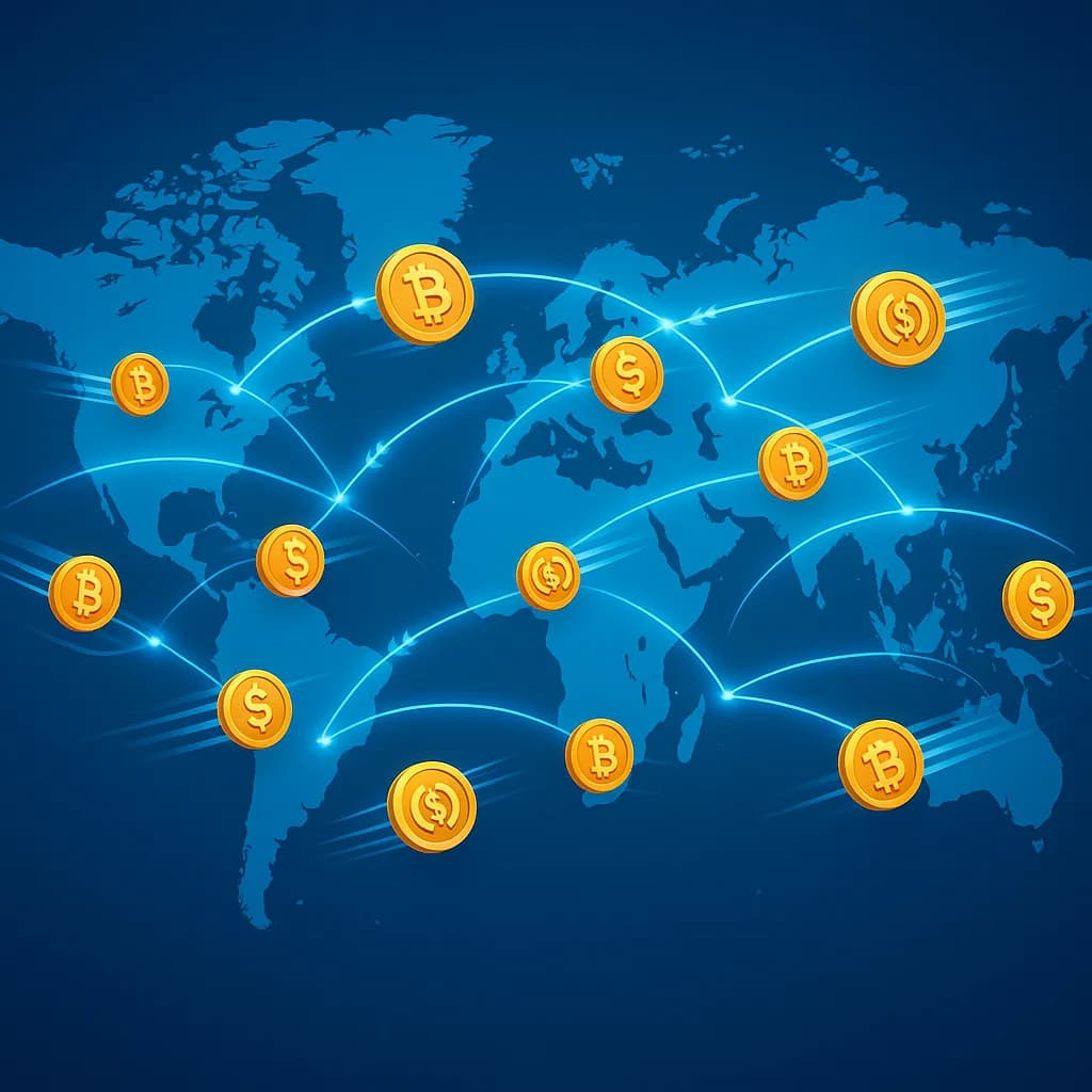 Global map showing cross-border cryptocurrency payment networks eliminating international transaction fees
